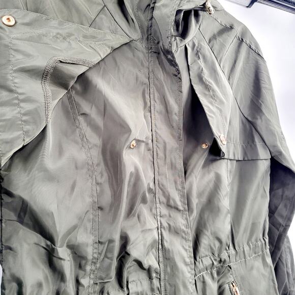 Cavalini Green Cinched Waist Hooded Windbreaker Jacket Women’s Sz Medium Petite - Picture 4 of 8